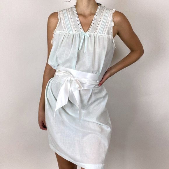 Vintage Baby Blue Cotton Lace Nightgown Slip Dress - Picture 4 of 10